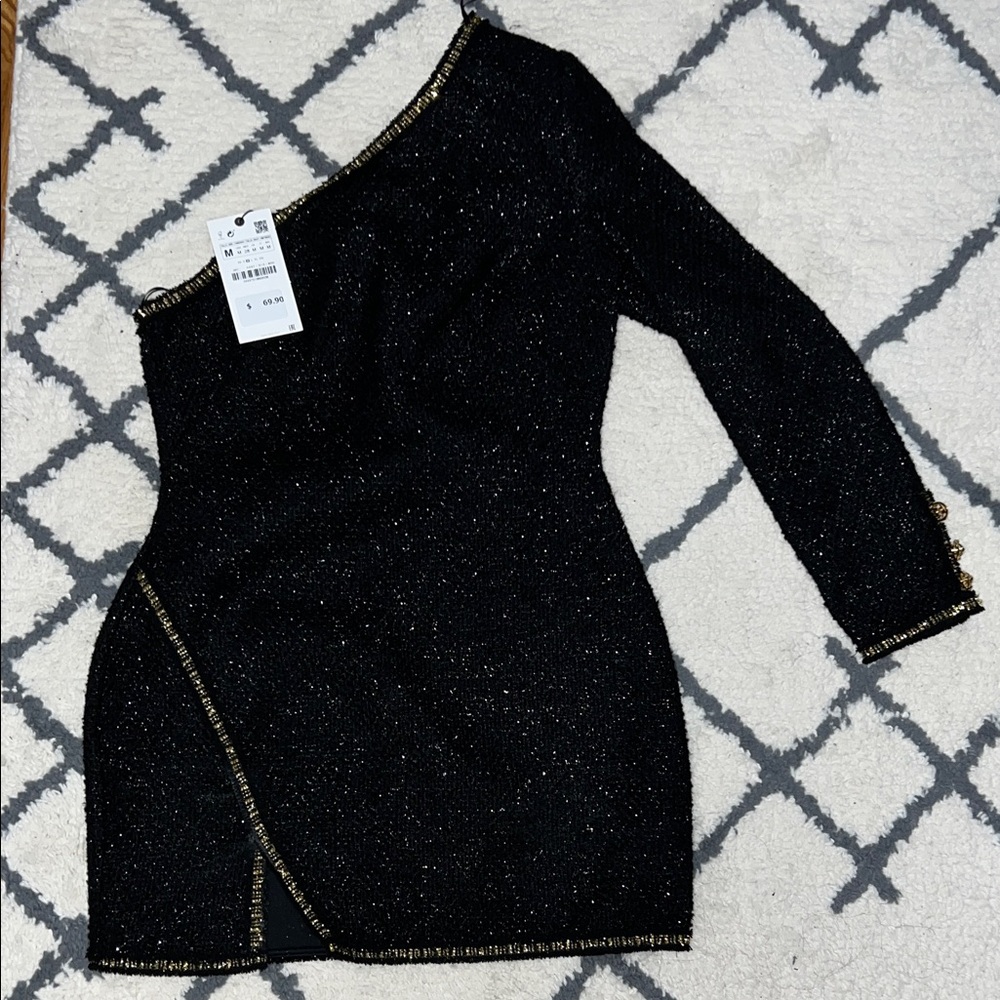 Zara Black One-Shoulder Dress with Gold Trim